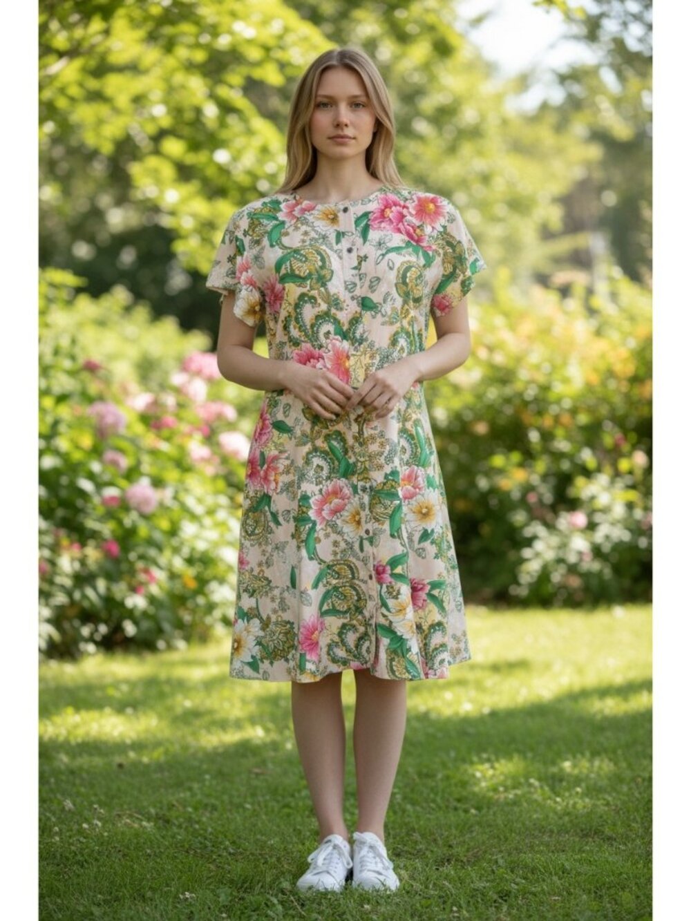 Loft Women's Size 8 Camelia Garden Floral Button-Up Dress 7.5" Ruffle Hem - Picture 2 of 10